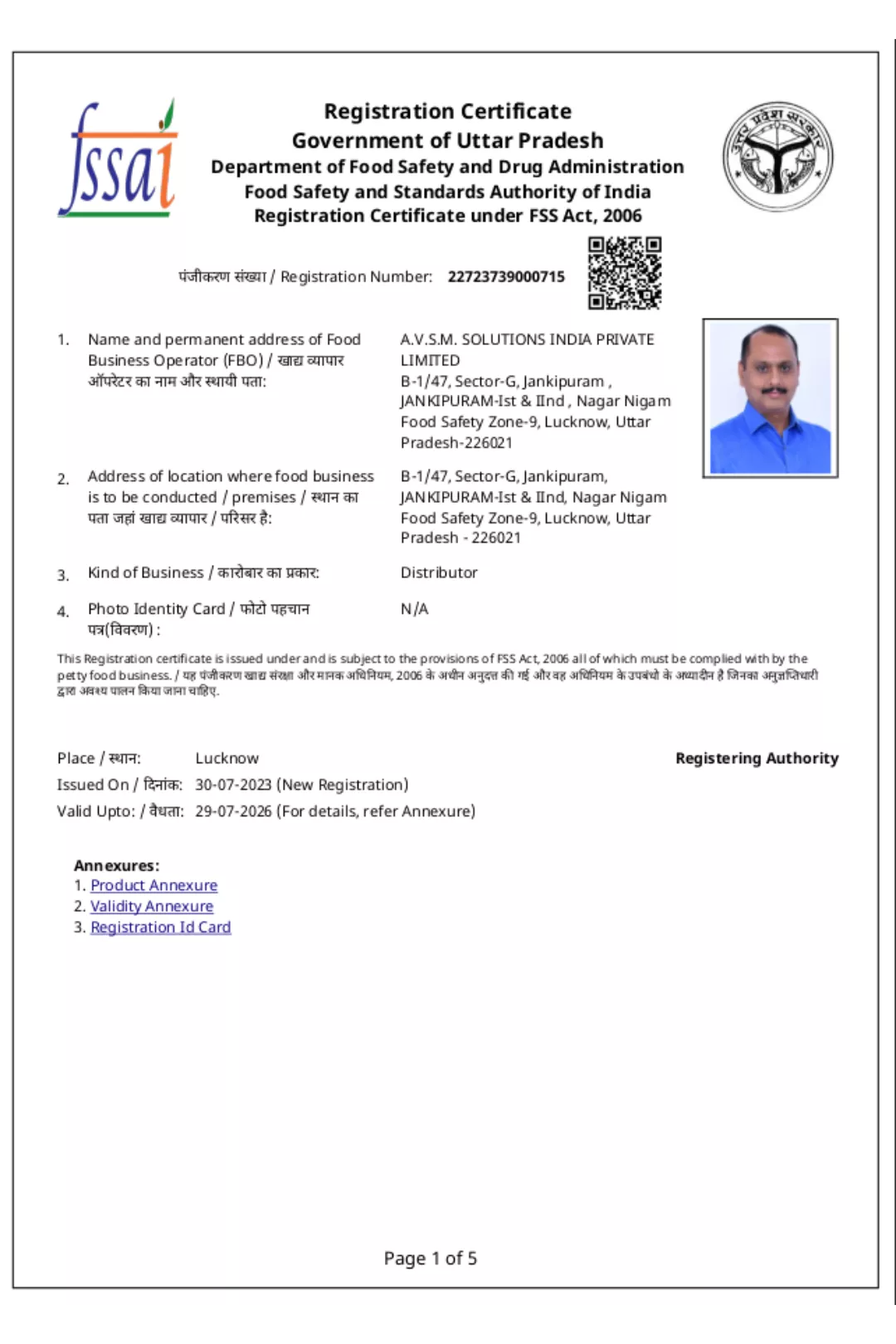 AVSM SOLUTIONS CERTIFICATES- FSSAI